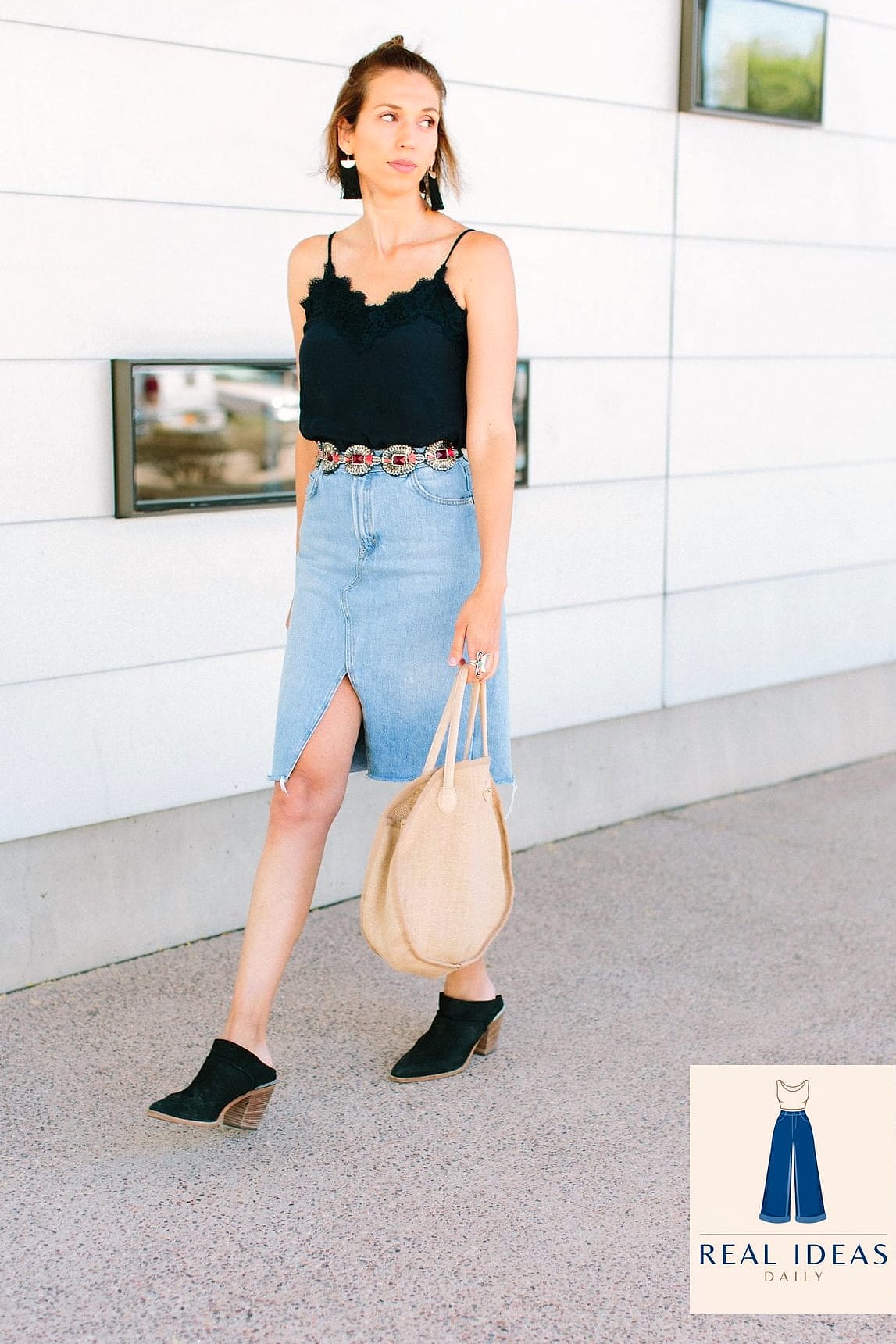 Denim Skirt + Silk Cami + Statement Jewelry