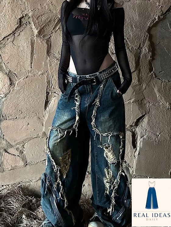 Distressed Baggy Jeans with Whiskering