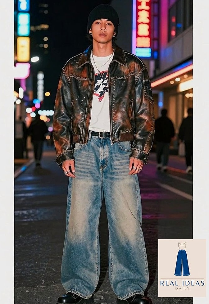 26 Outfits With Baggy Jeans That Are Absolutely Stunning 4 EDGY LEATHER JACKET & BAGGY JEANS