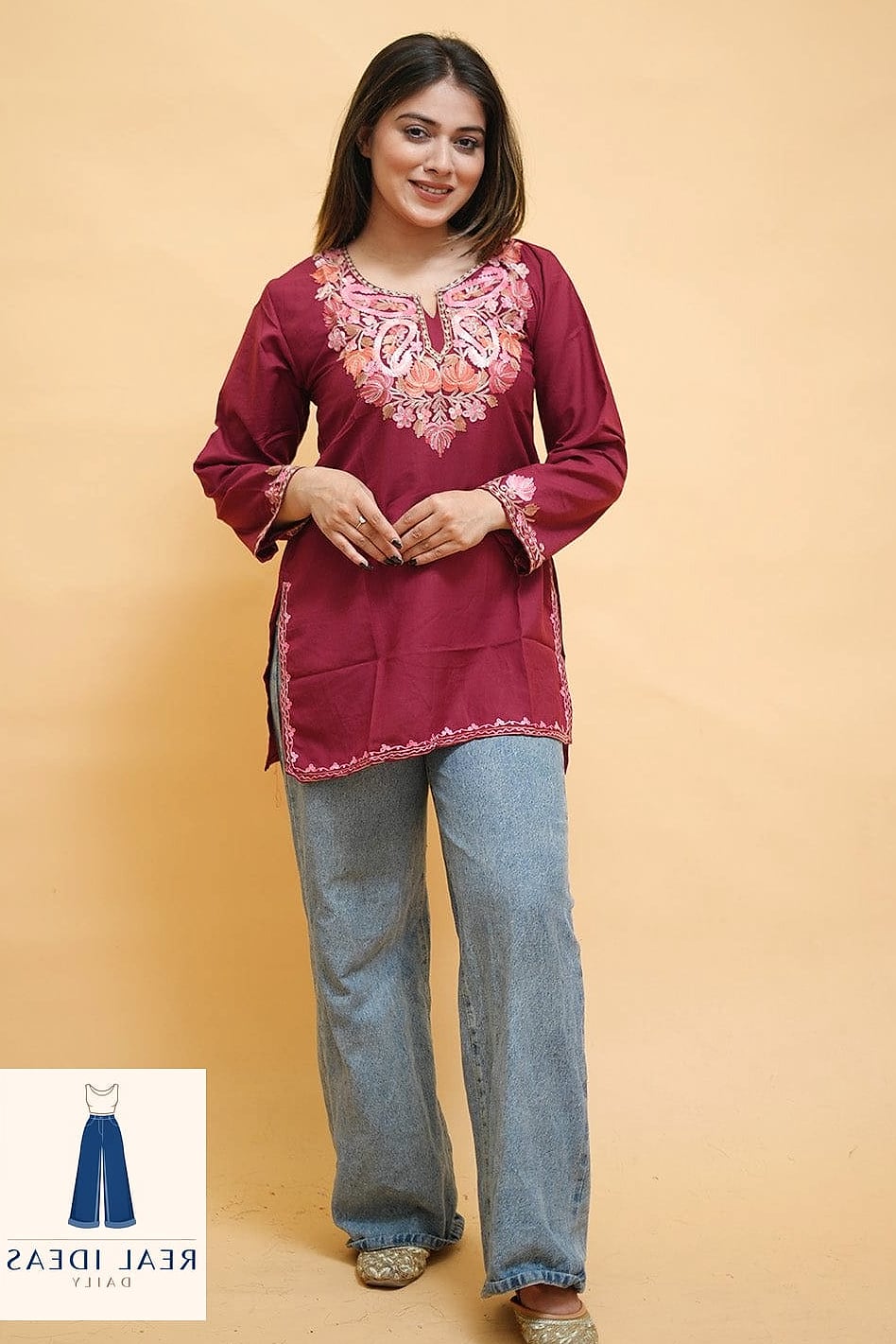 Embroidered Kurta With Distressed Baggy Jeans