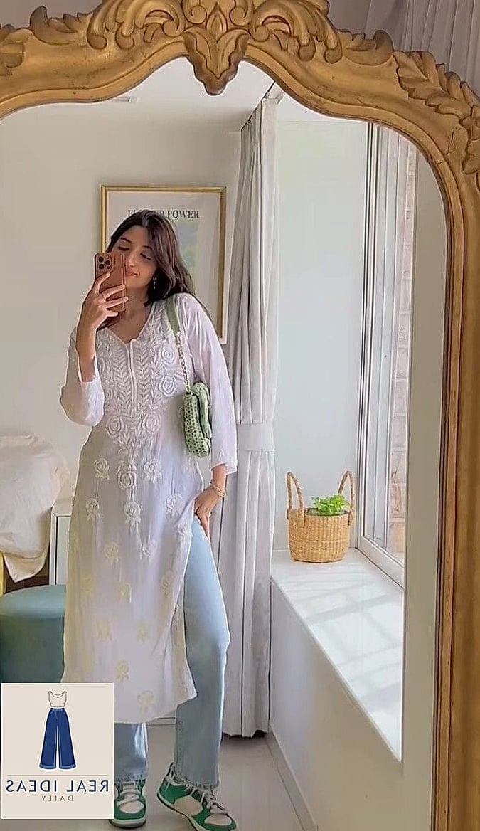 Embroidered Kurti Paired With Casual Baggy Jeans