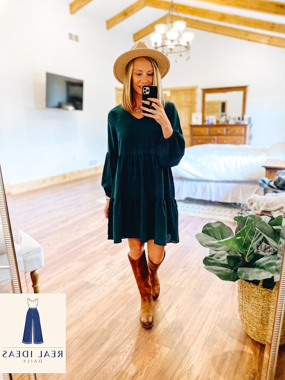 Flannel shirt dress with tall boots