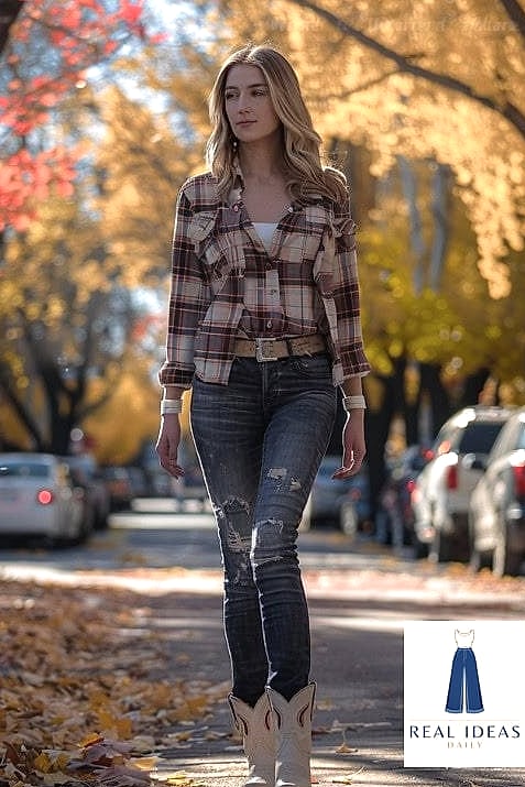 25 Cowgirl Boots Outfit That Are Breathtakingly Beautiful 7 Flannel Shirt, Flare Jeans, and Cowgirl Boots for Fall