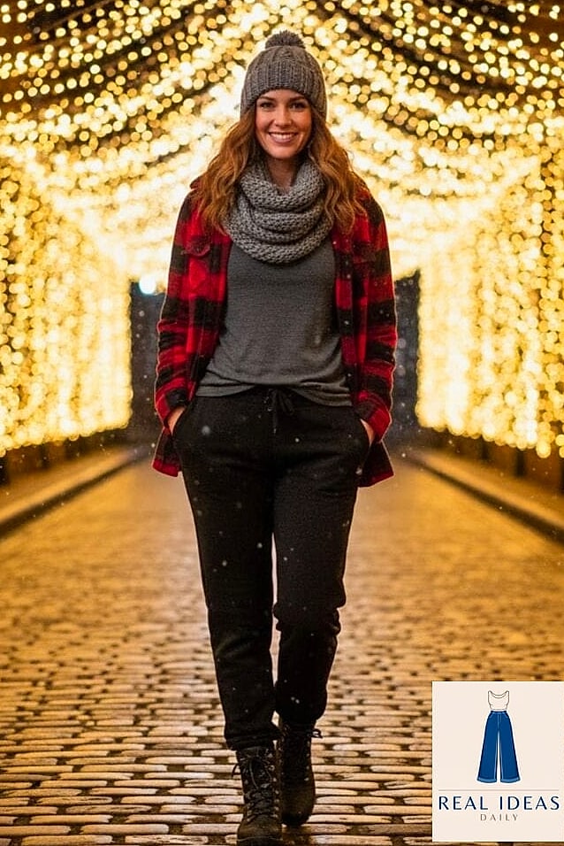 Flannel shirt tied around the waist with sweatpants and a tank