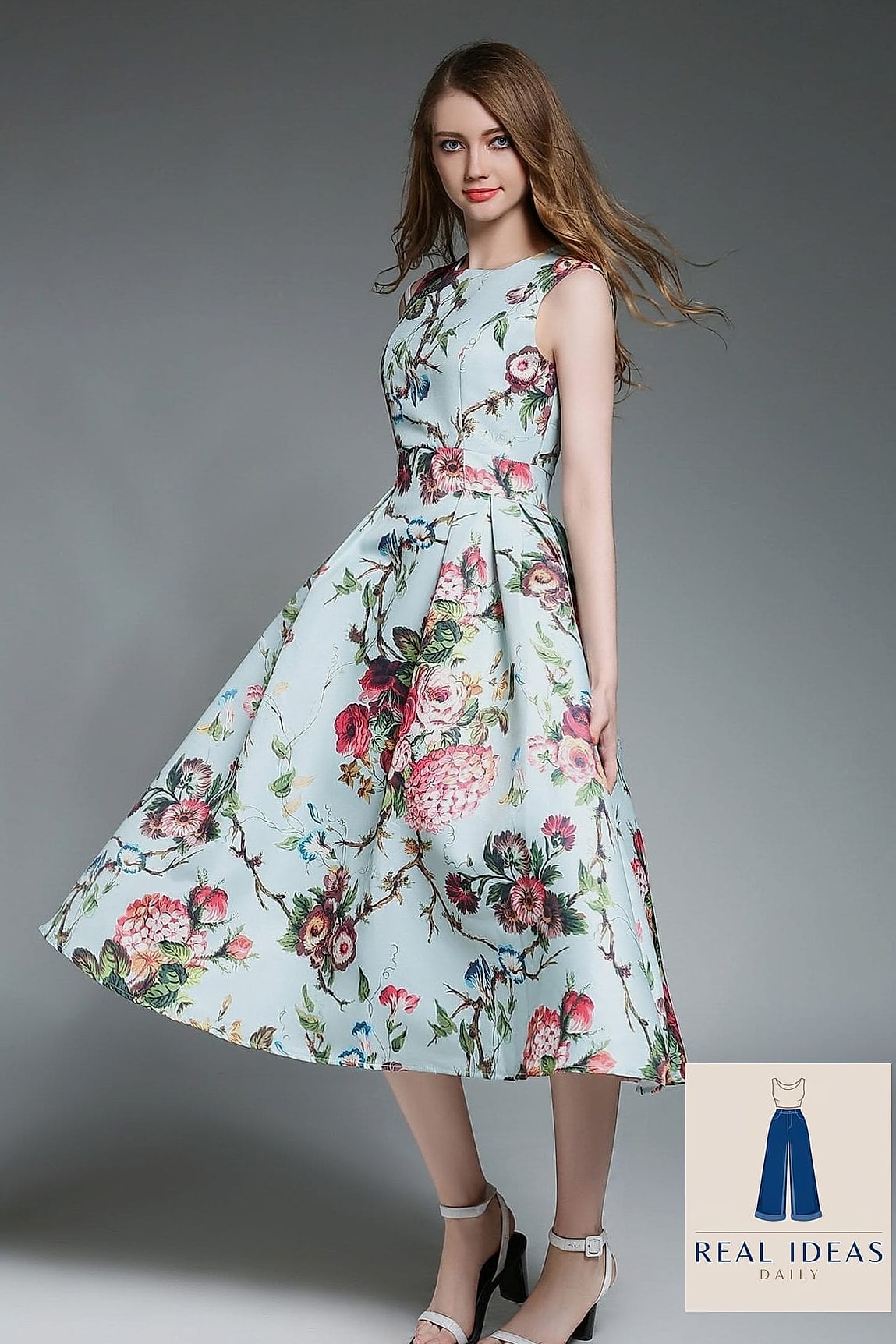 Floral Midi Dress with a Straw Hat