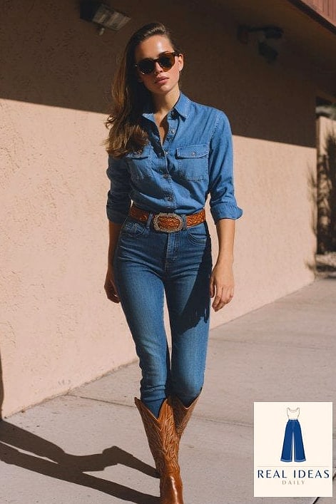 30 Cowboy Boots Outfit That Are Going Viral on Pinterest Right Now 23 The Full Western Denim Set