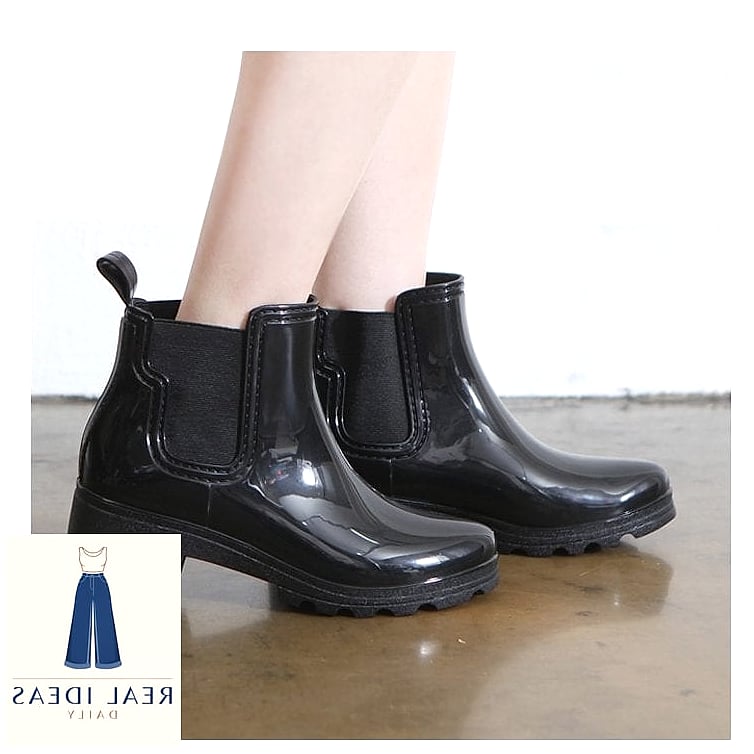 Glossy Ankle Rain Boots with a Trench Coat