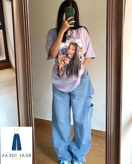 27 Light Blue Baggy Jeans Outfit That Every Stylist Needs to See 6 Graphic Tee and Baseball Cap Streetwear Vibe