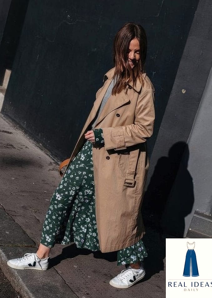 27 Green Dress Outfit That Are Absolutely Stunning 23 Green Dress Paired with a Beige Trench