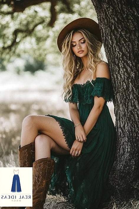 27 Green Dress Outfit That Are Absolutely Stunning 24 Green Dress and Western Boots