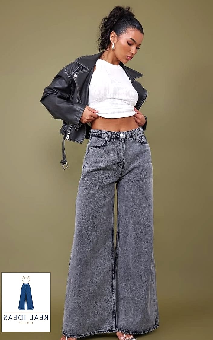 Grey Baggy Jeans with a Bodycon Top for Contrast