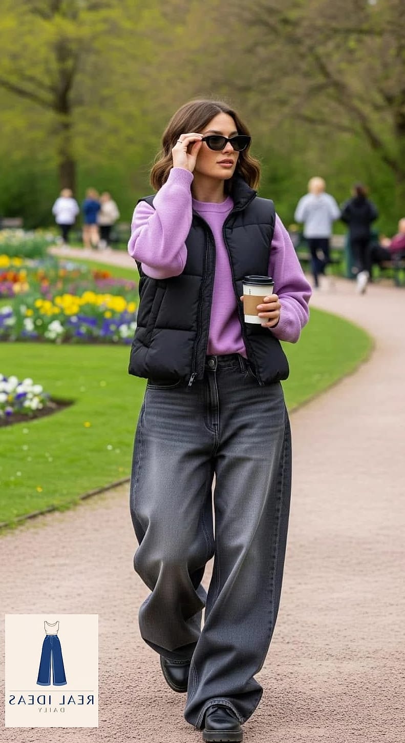 Grey Baggy Jeans with a Puffer Vest for Cold Days