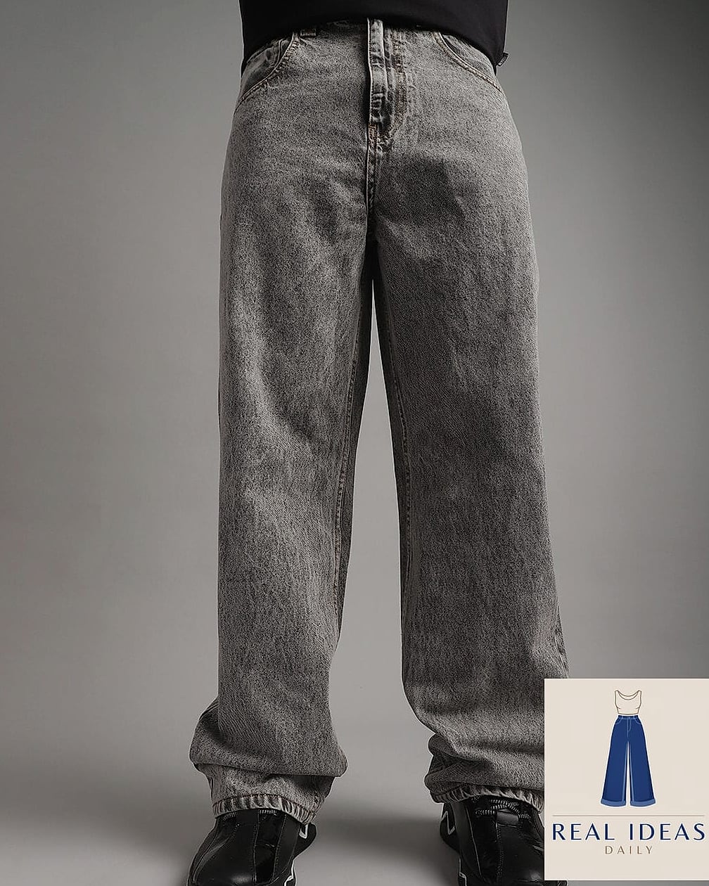 Grey Baggy Jeans Styled with a Denim Vest