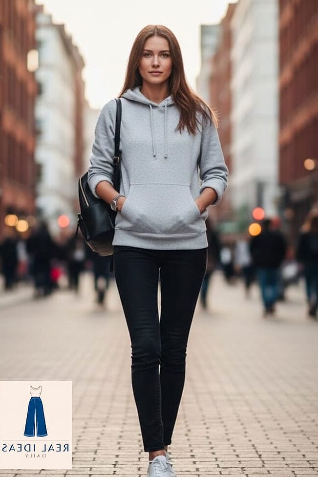 26 Grey Hoodie Outfit Every Woman Needs to See 23 Grey Hoodie with a Faux Fur Vest