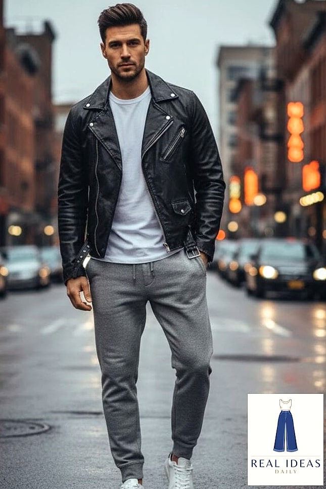 30 Grey Sweatpants Outfit You'll Want to Screenshot Immediately 14 Grey sweatpants and a leather jacket
