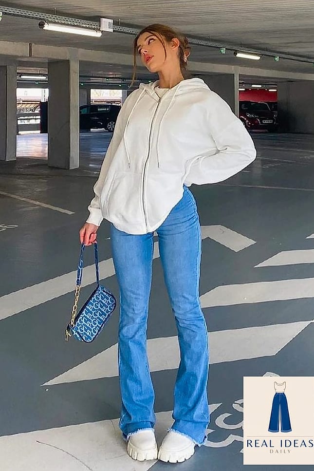 26 Grey Hoodie Outfit Every Woman Needs to See 9 Hoodie with Flare Jeans for a Retro Feel