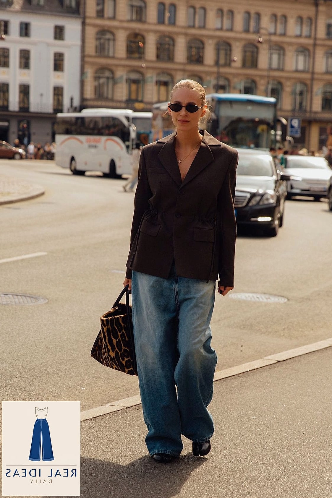 Houndstooth Blazer With Baggy Jeans and Pumps