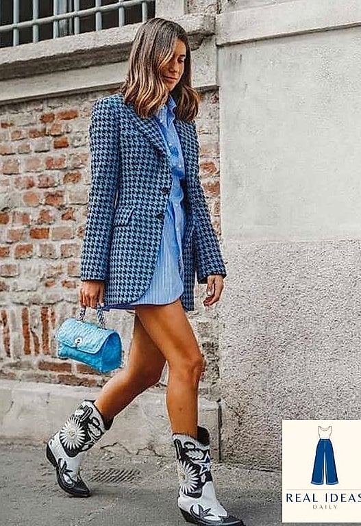30 Cowboy Boots Outfit That Are Going Viral on Pinterest Right Now 15 Houndstooth Blazer and Skinny Jeans