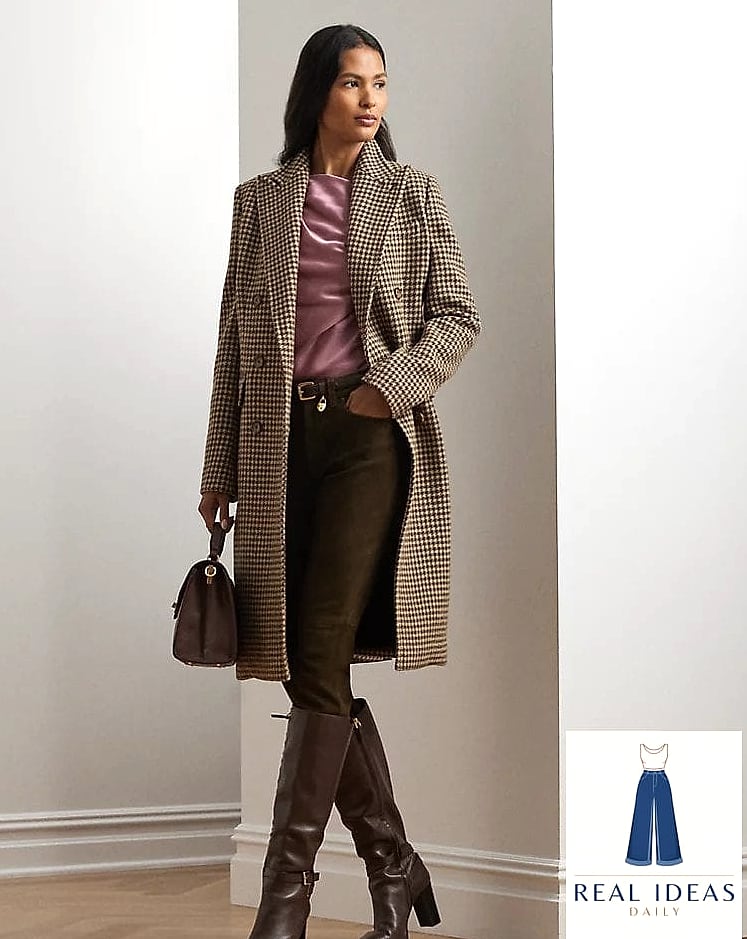 24 Brown Dress Outfit That Every Stylist Needs to See 21 Houndstooth Coat Over a Brown Slip Dress
