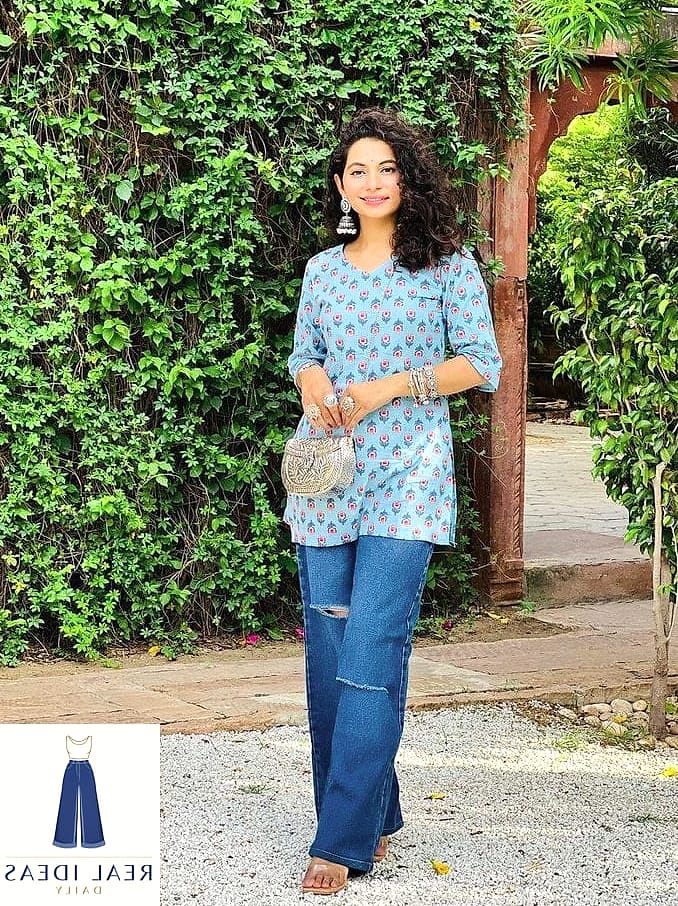 Kurti With Baggy Jeans and a Denim Jacket Layer