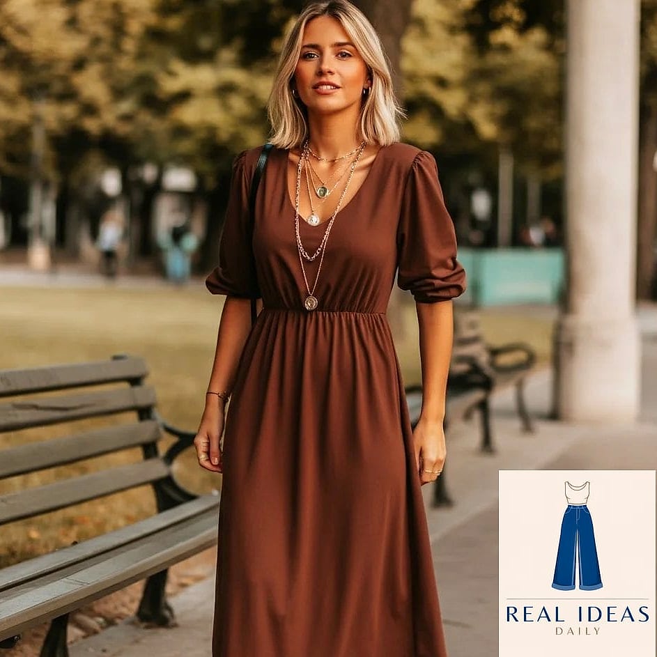 24 Brown Dress Outfit That Every Stylist Needs to See 17 Layered Necklaces With a Deep Brown Maxi Dress