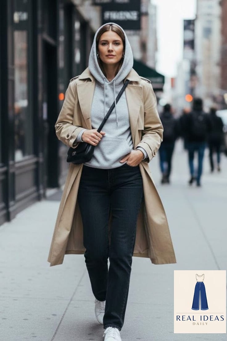 26 Grey Hoodie Outfit Every Woman Needs to See 4 Layered Under a Trench Coat