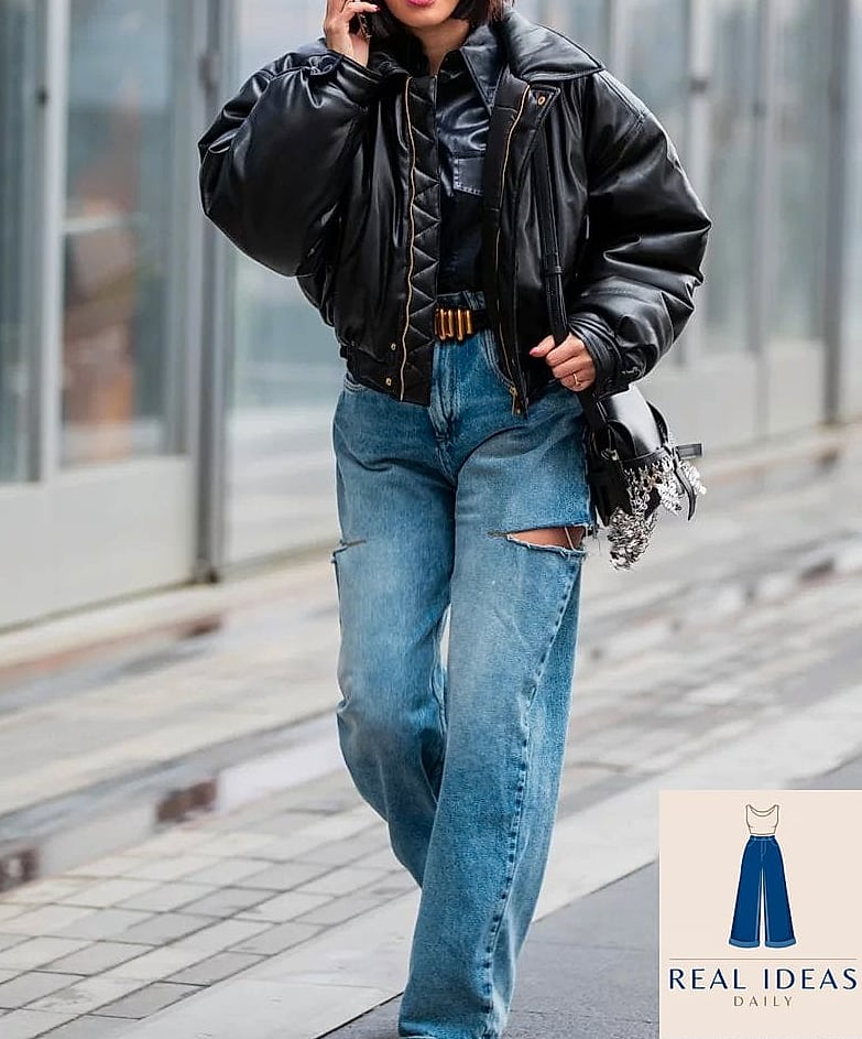 29 Baggy Jeans Outfit That Will Transform Your Look 23 Leather Jacket & Baggy Jeans for Edgy Everyday Style
