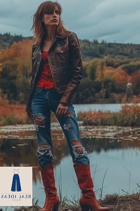 30 Cowboy Boots Outfit That Are Going Viral on Pinterest Right Now 19 Leather Jacket and Straight-Leg Jeans