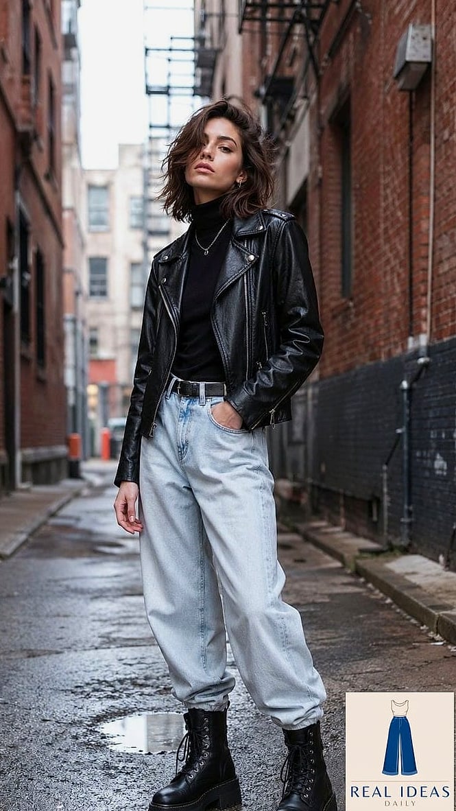Leather Jacket and Baggy Jeans for Edgy Winter Style
