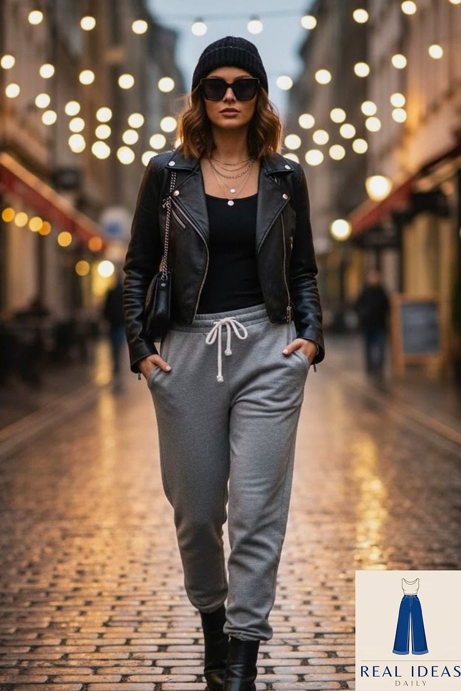 The Leather Jacket and Sweatpants Combo