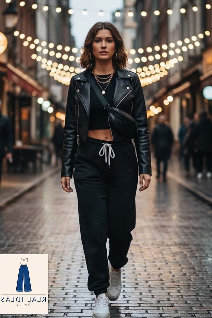 Leather jacket with a bodysuit and sweatpants