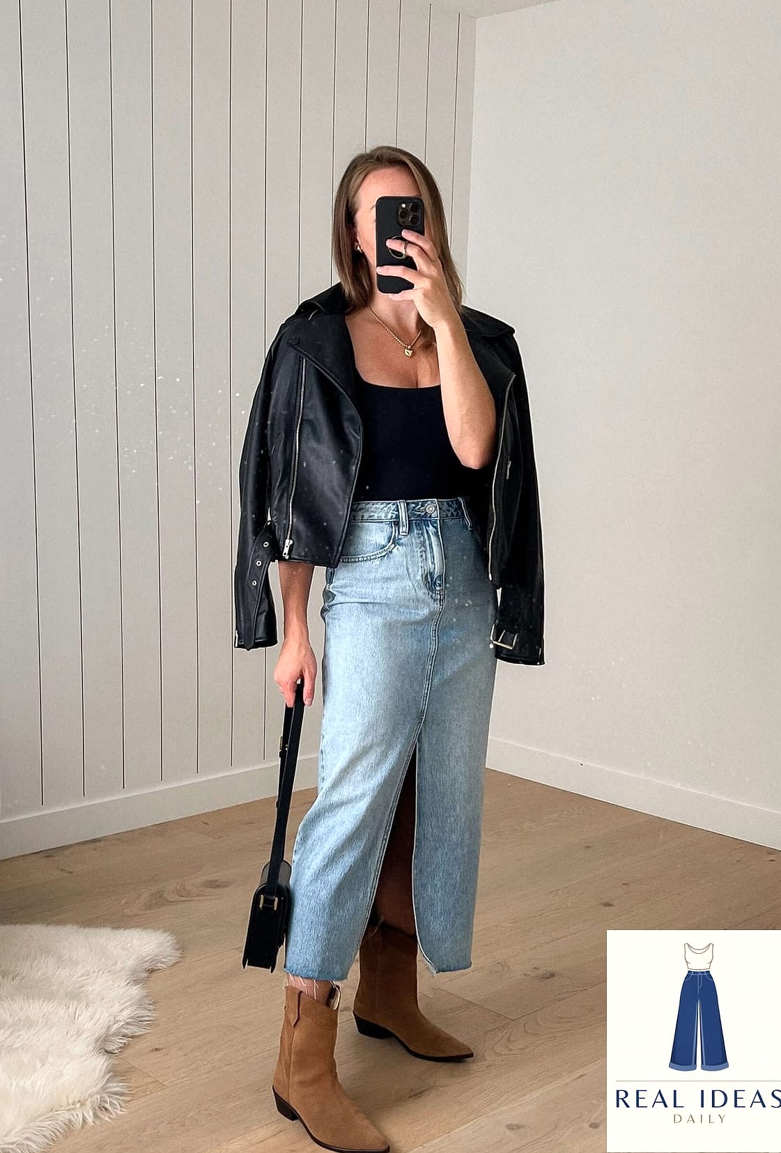 Leather Jacket + Denim Skirt + Ballet Flats