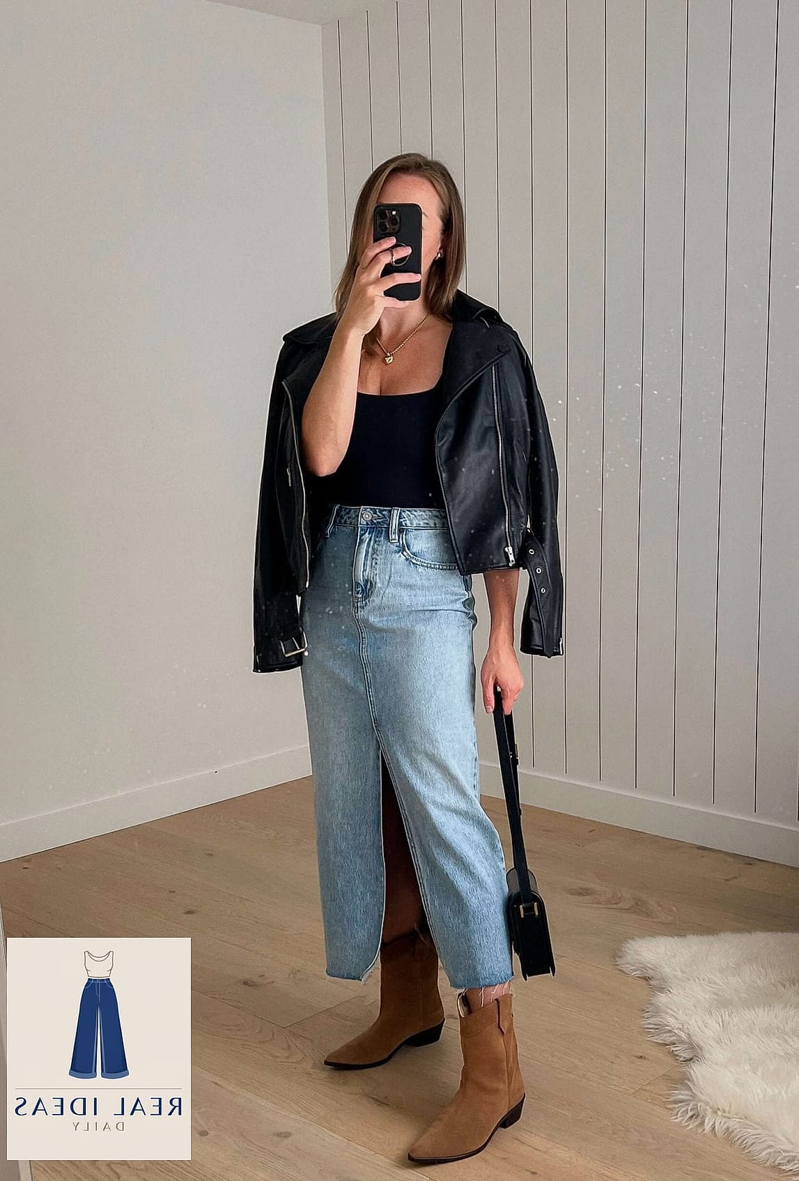 Leather Jacket + Denim Skirt + Knee-High Boots