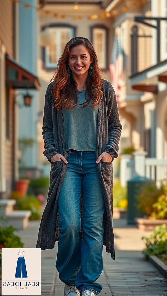 Long Cardigan Duster with Baggy Jeans for a Layered Look