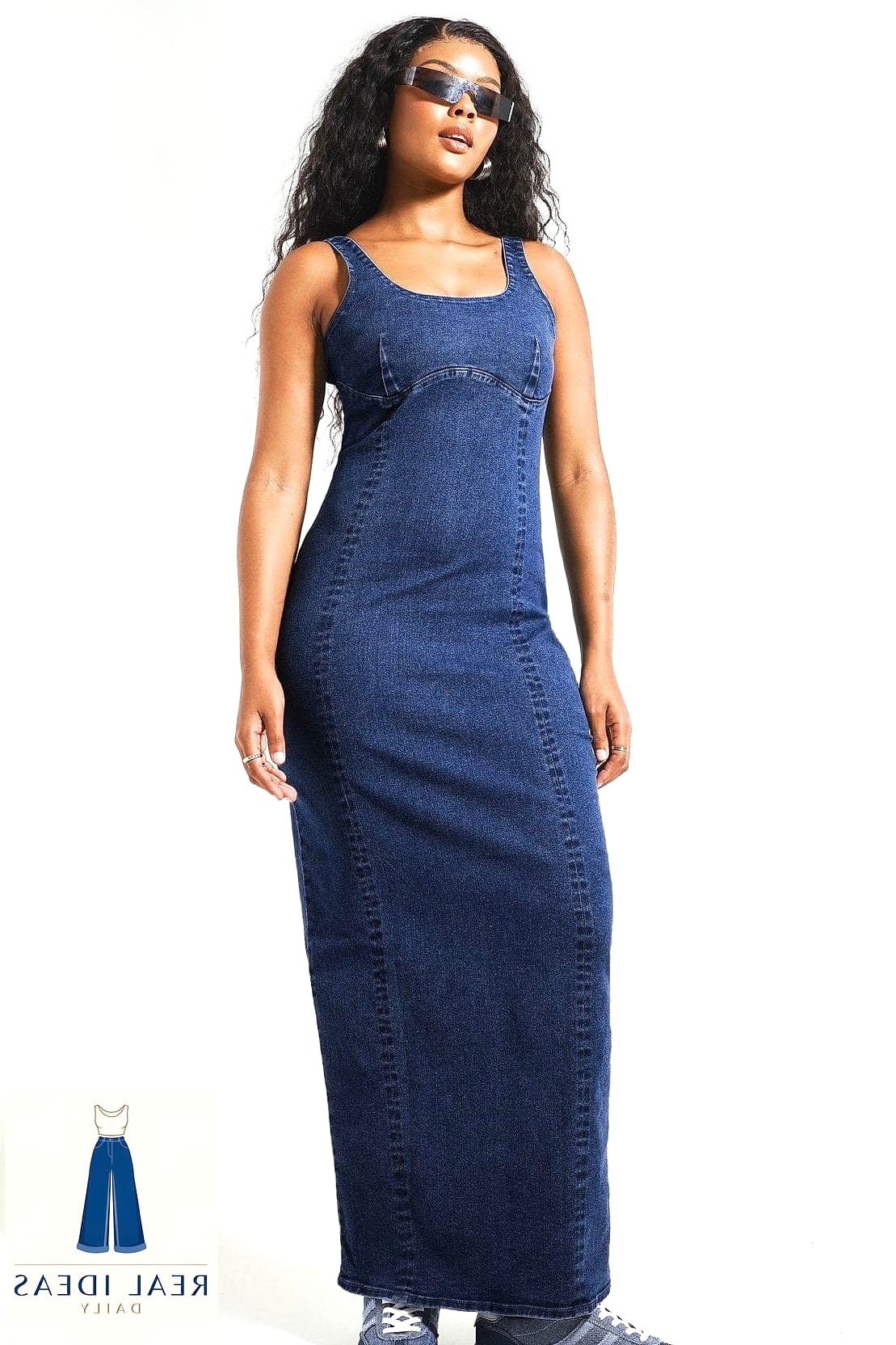 Long Dress Styled with a Denim Button-Up Tied at the Waist