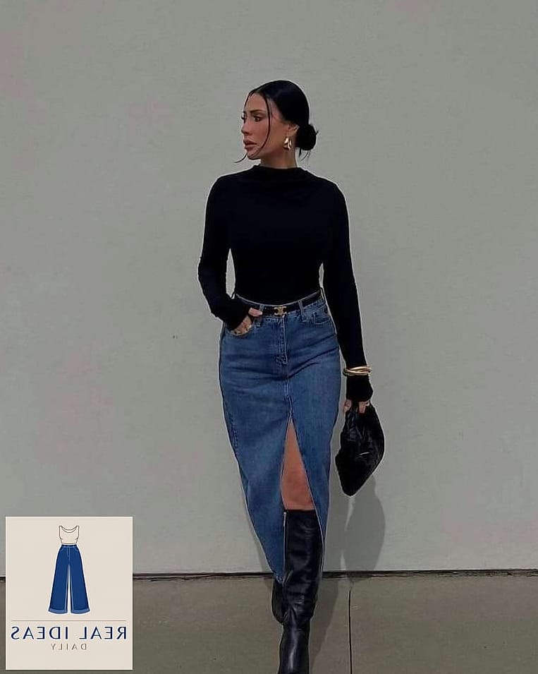 Long-Sleeved Top + Black Denim Skirt + Trainers + Tote Bag