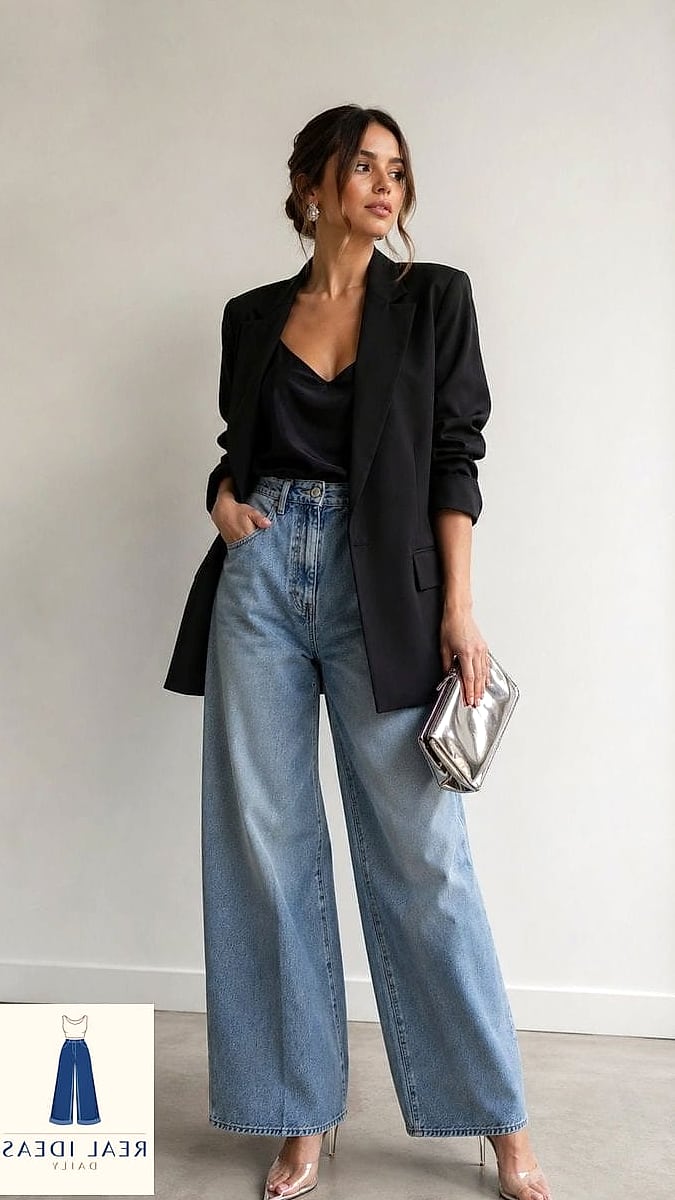 Monochrome Neutral Outfit With Baggy Jeans and Heels