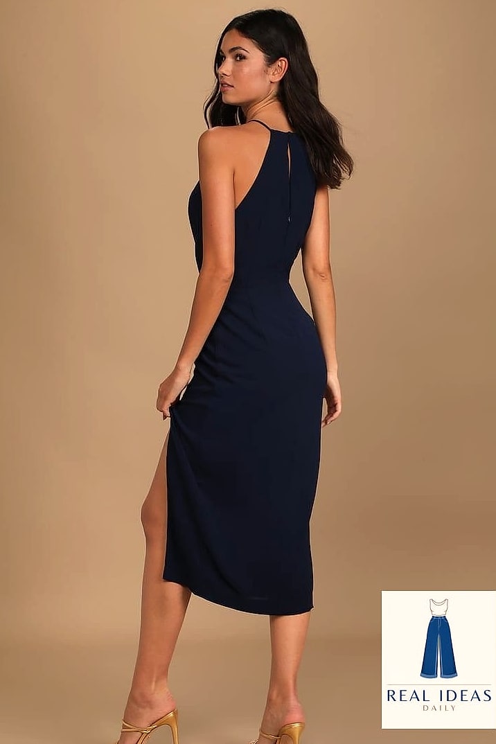 27 Blue Dress Outfit That Are Dreamy and So Inspiring 9 Navy Turtleneck Sweater Dress With Knee-High Boots