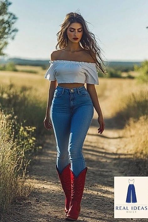 25 Cowgirl Boots Outfit That Are Breathtakingly Beautiful 15 Off-the-Shoulder Top with High-Waisted Jeans