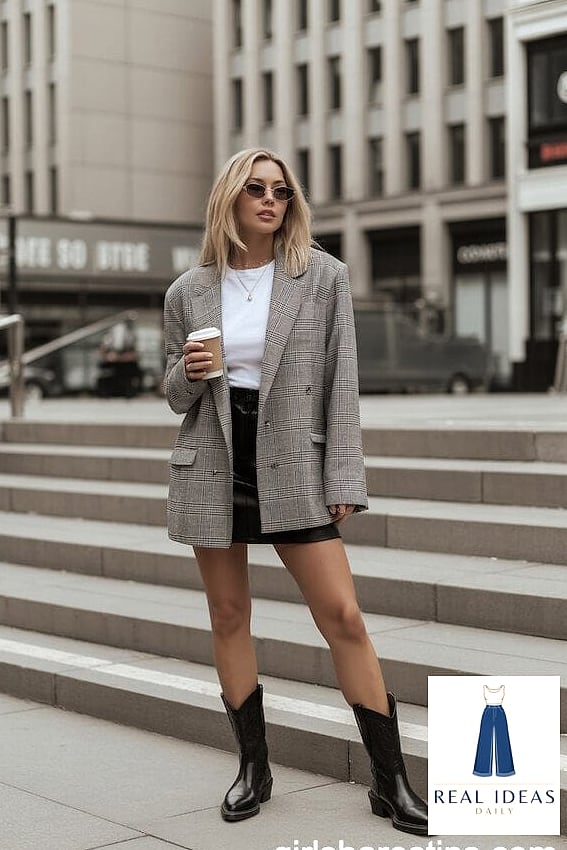 30 Cowboy Boots Outfit That Are Going Viral on Pinterest Right Now 4 Oversized Blazer, Bike Shorts, Boots