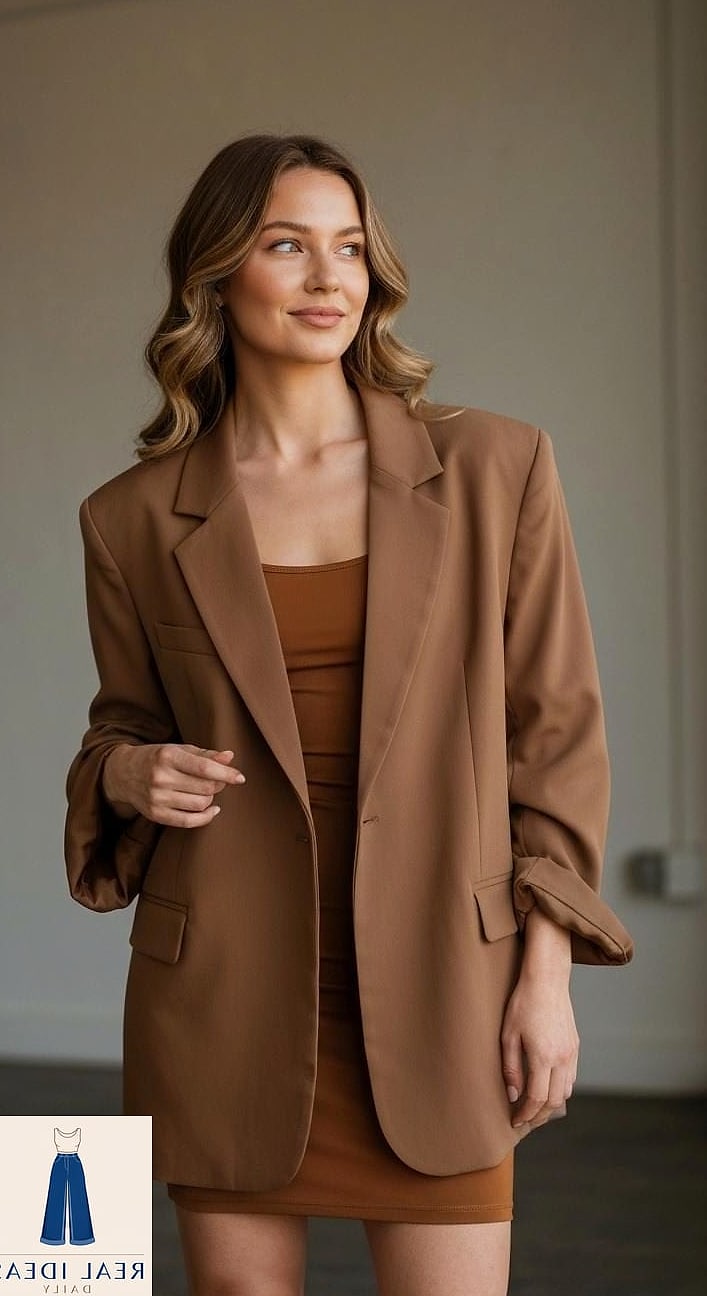 24 Brown Dress Outfit That Every Stylist Needs to See 11 Oversized Blazer Over a Mini Brown Dress