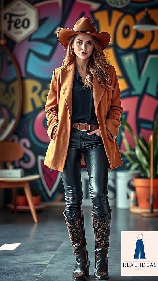 25 Cowgirl Boots Outfit That Are Breathtakingly Beautiful 4 Oversized Blazer, Straight-Leg Jeans, and Ankle Cowgirl Boots