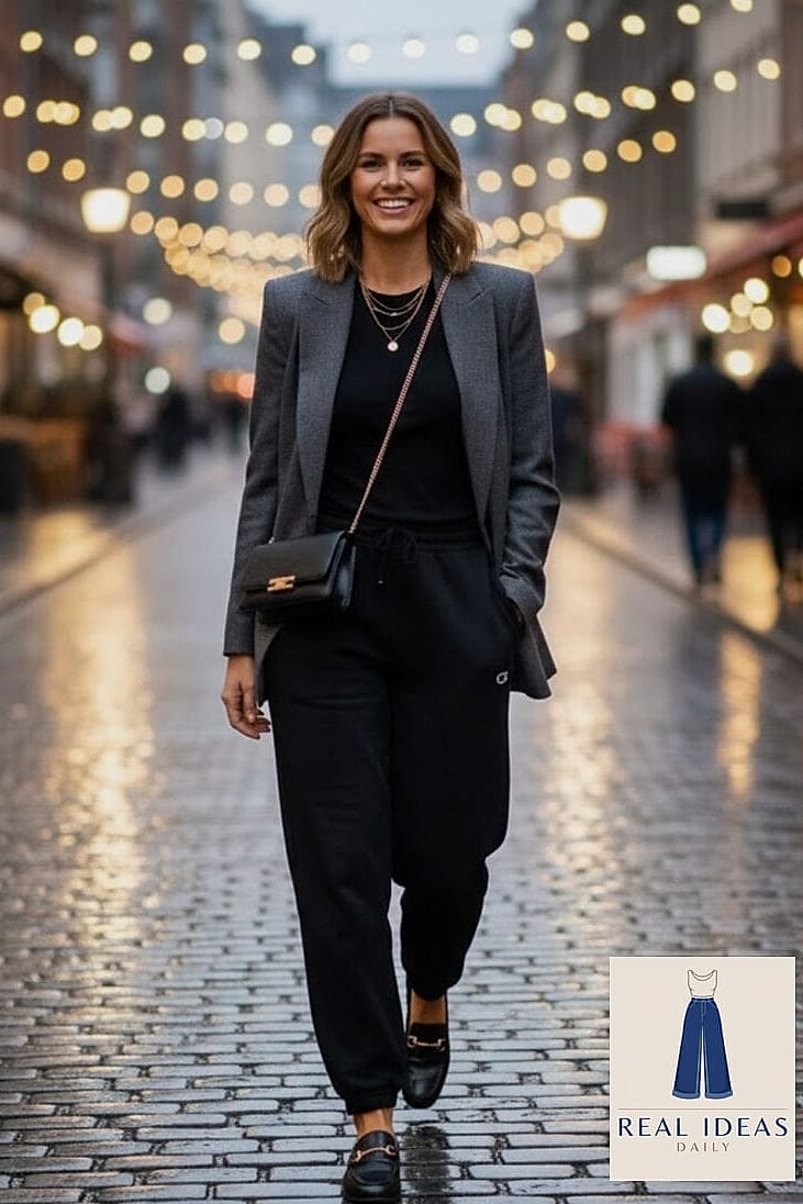 Oversized blazer over a tank top with sweatpants