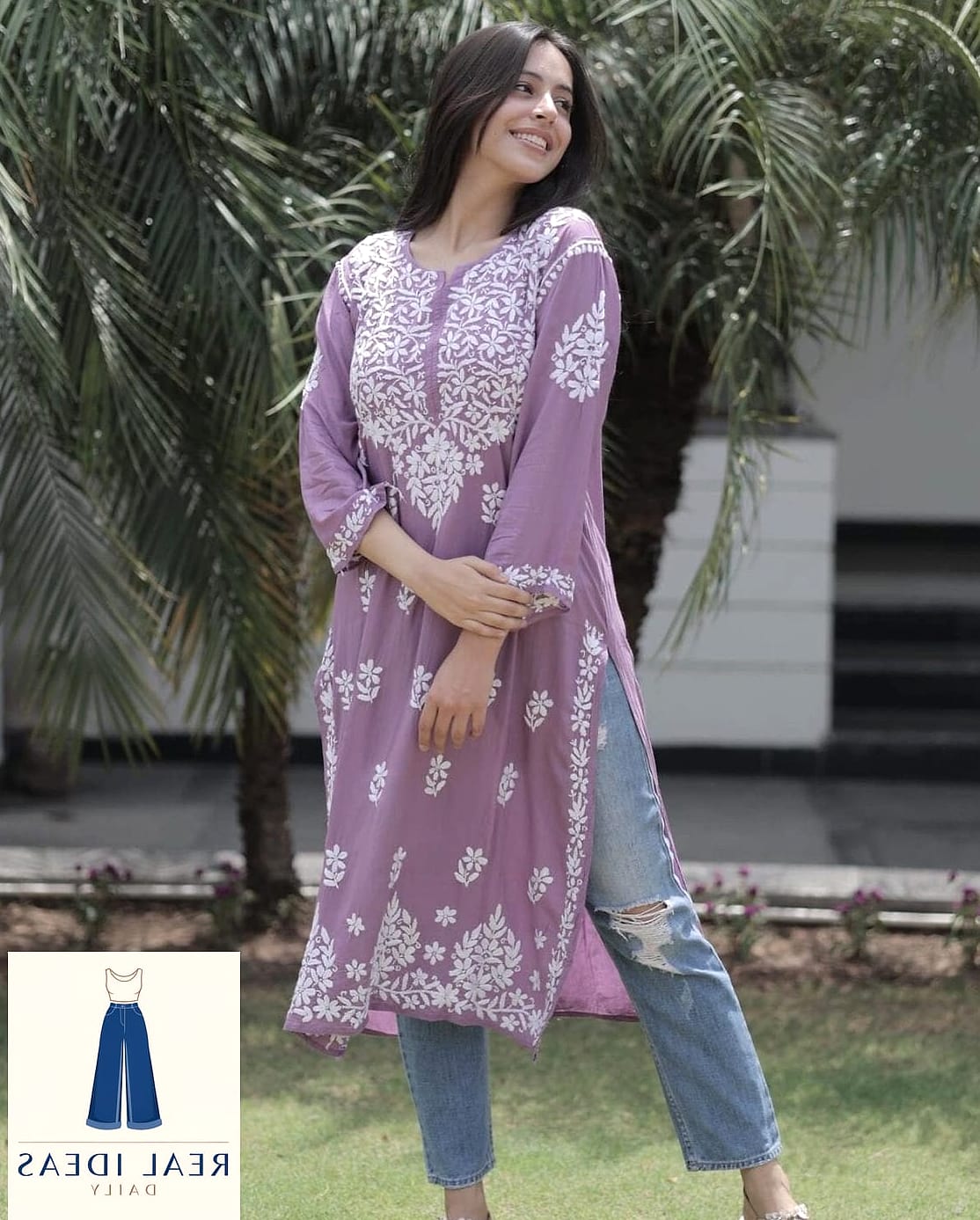 The Pastel Kurti and Dark Wash Baggy Jeans Contrast