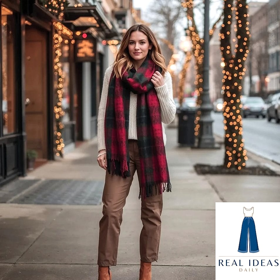 Plaid Scarf and Monochrome Baggy Jeans Outfit