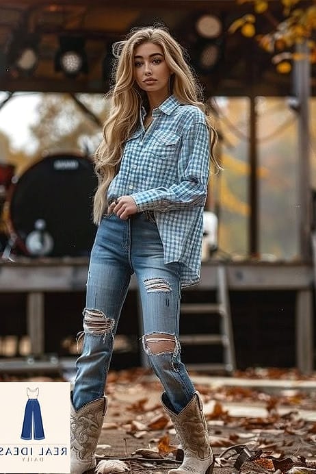 30 Cowboy Boots Outfit That Are Going Viral on Pinterest Right Now 17 Plaid Shirt Dress and Statement Belt