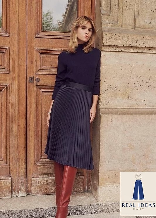 Pleated Skirt and Ribbed Sweater with Boots