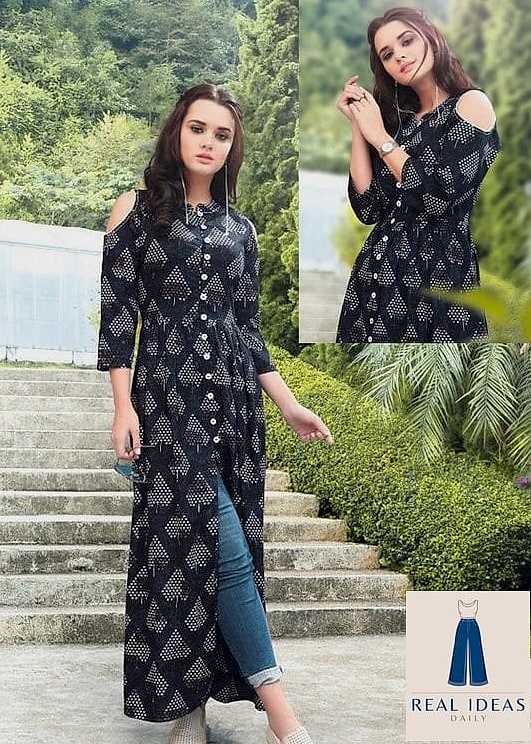 Printed Kurti With Plain Baggy Denim