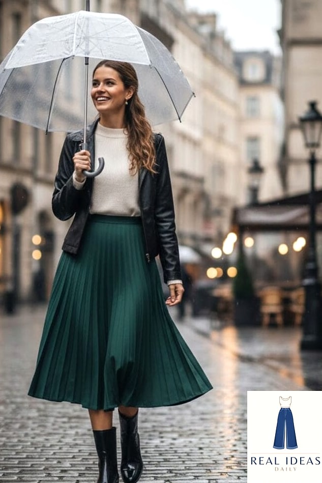 Rain Boots Styled with a Midi Skirt