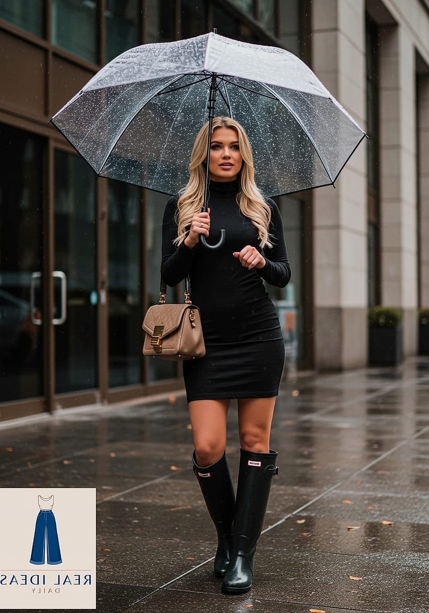 Rain Boots with a Turtleneck and Pleated Skirt